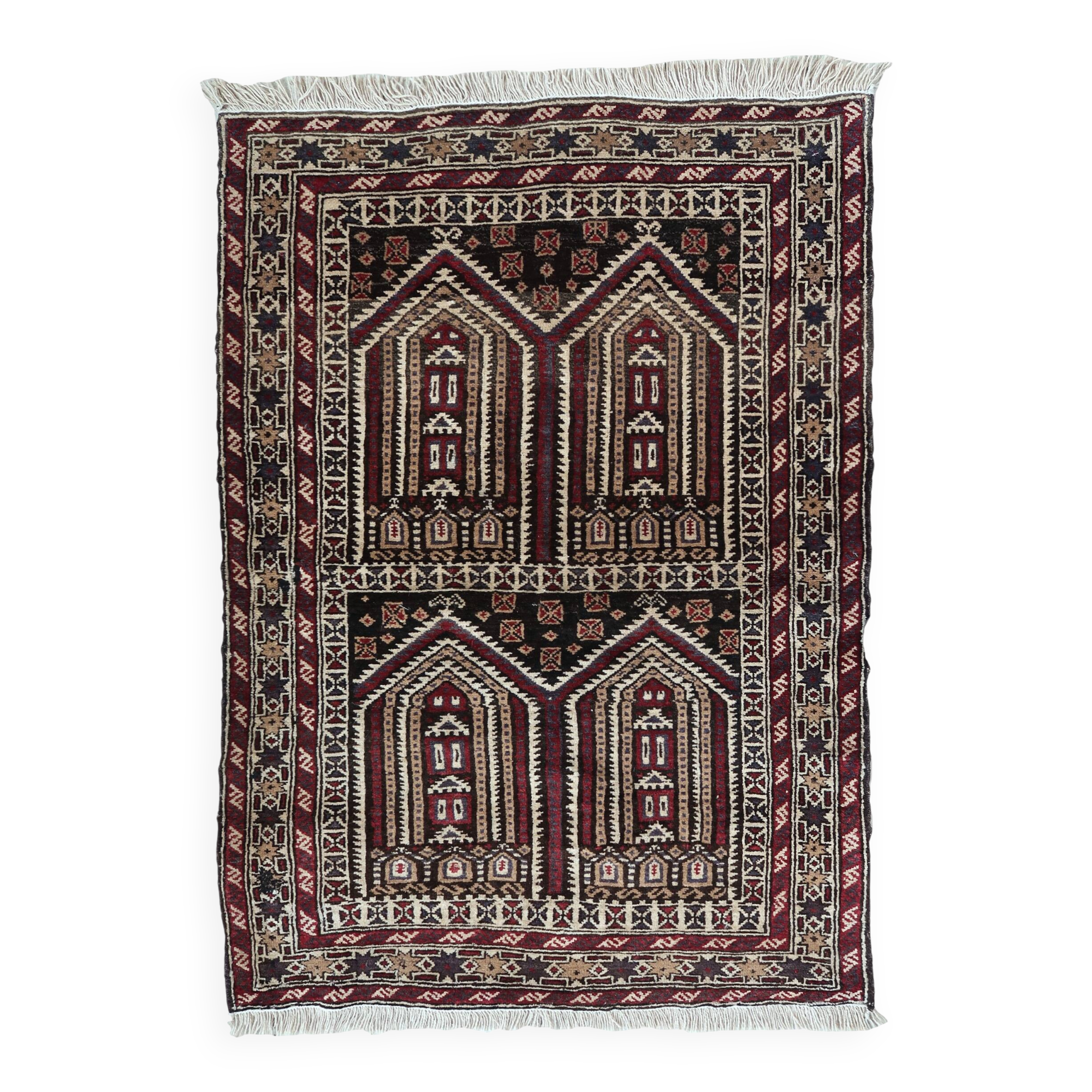 Tapis de prière vintage afghan Baluch fait main en laine – 95 x 142 cm