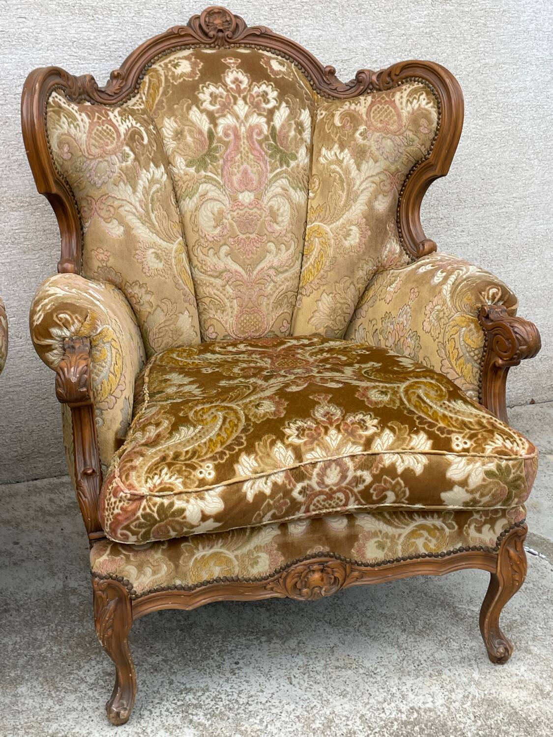 2 Louis XV style armchairs in brocade and velvety fabric