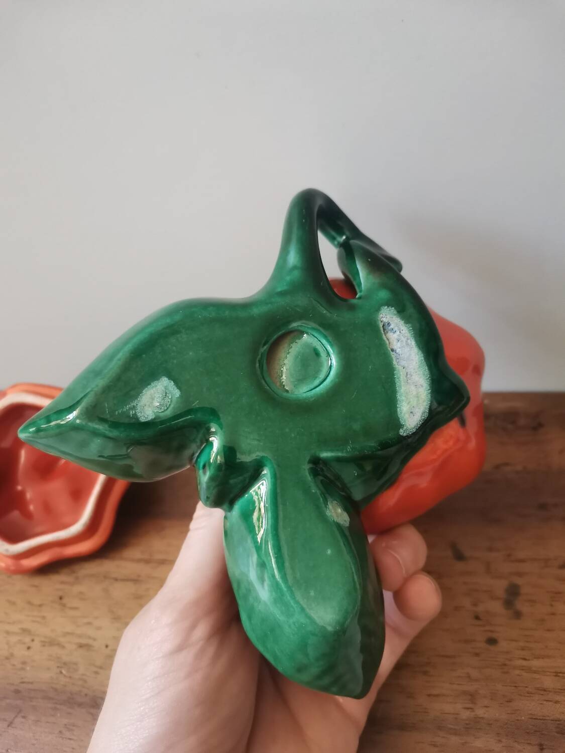 Vintage mustard box pot ceramic slip orange pumpkin shape