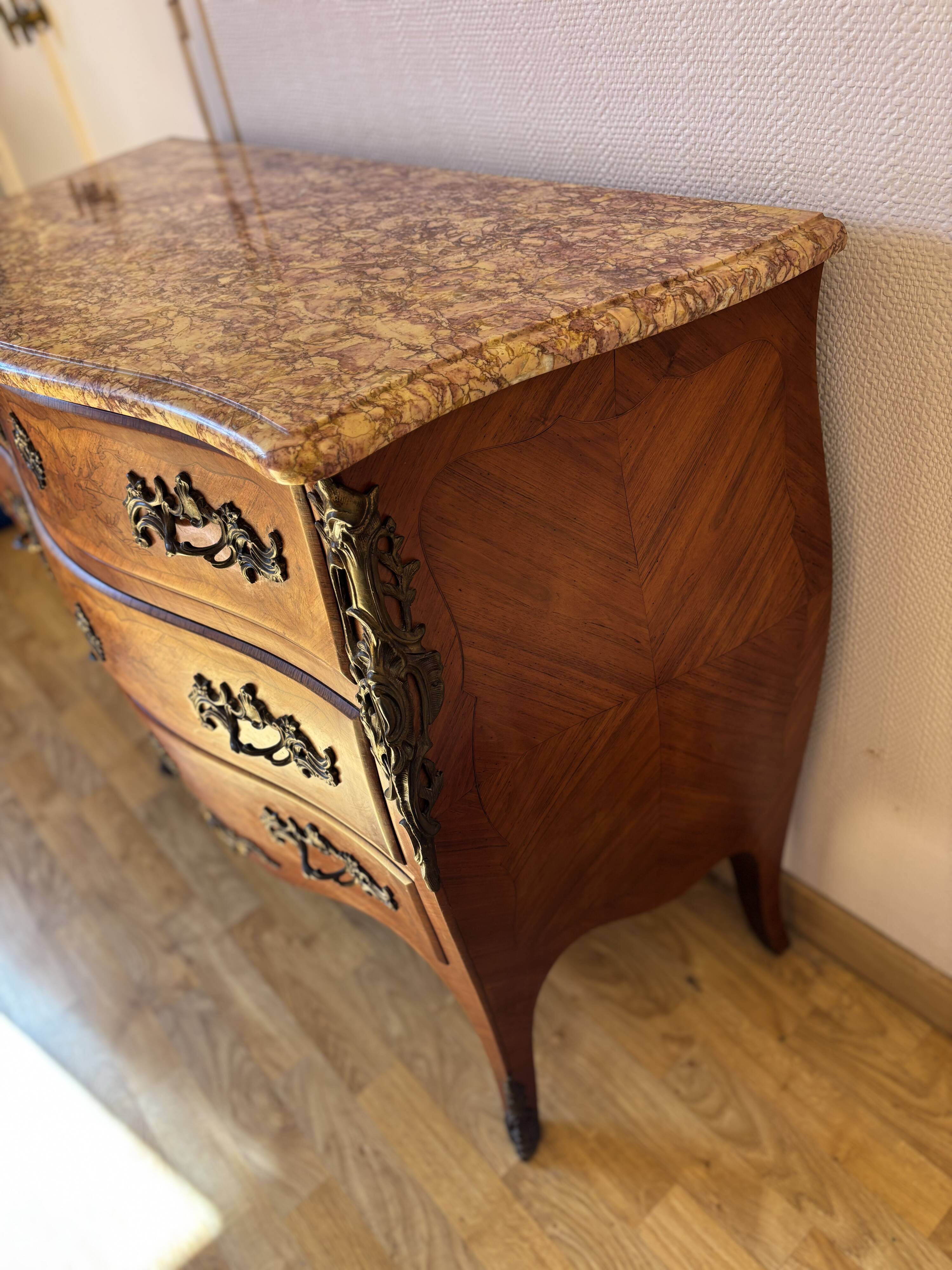 Curved Louis XV style commode with marquetry + marble top