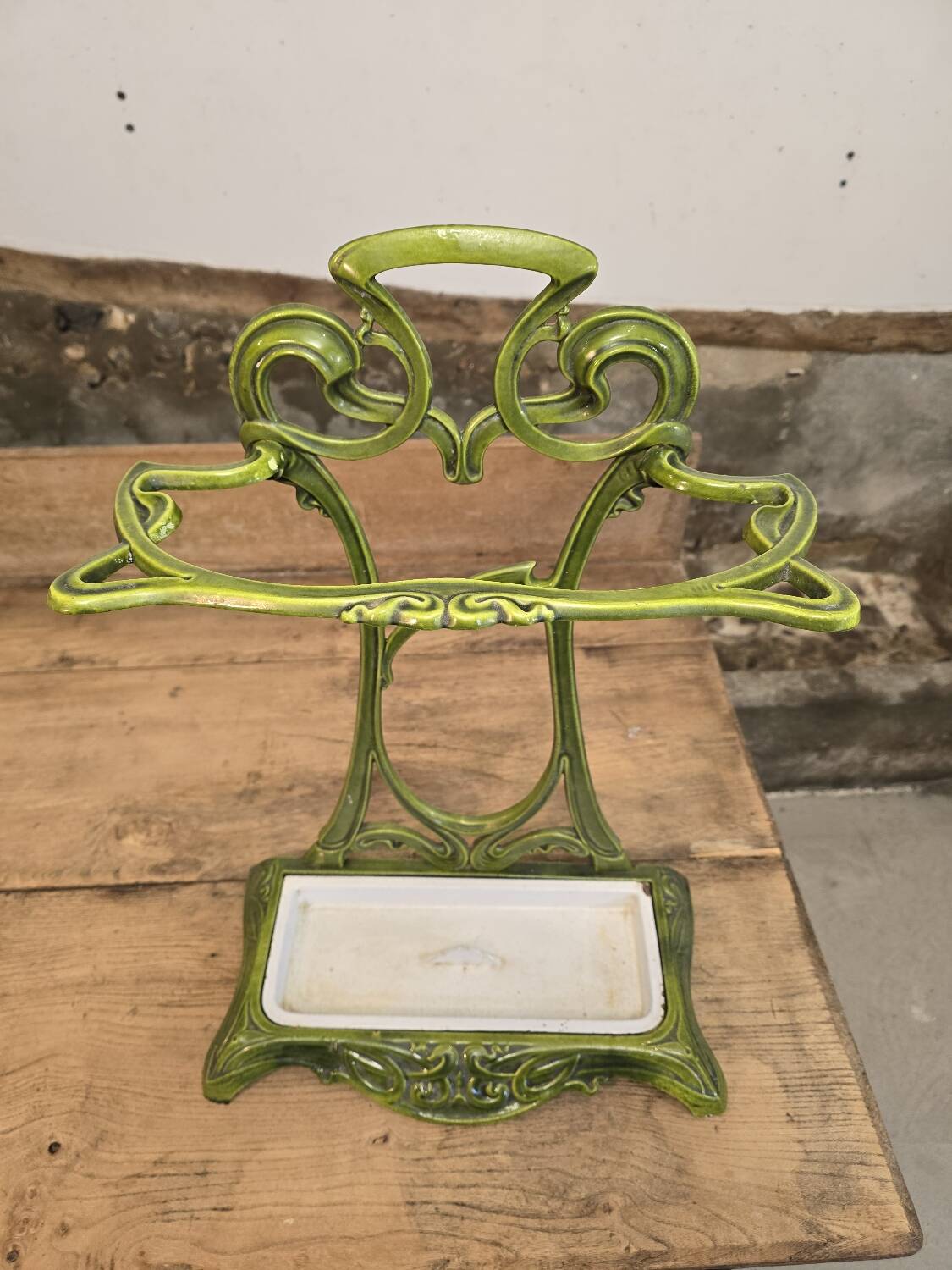 Art Nouveau umbrella stand in green enamelled cast iron