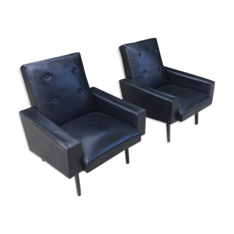 Pair of black skai armchairs, 1960