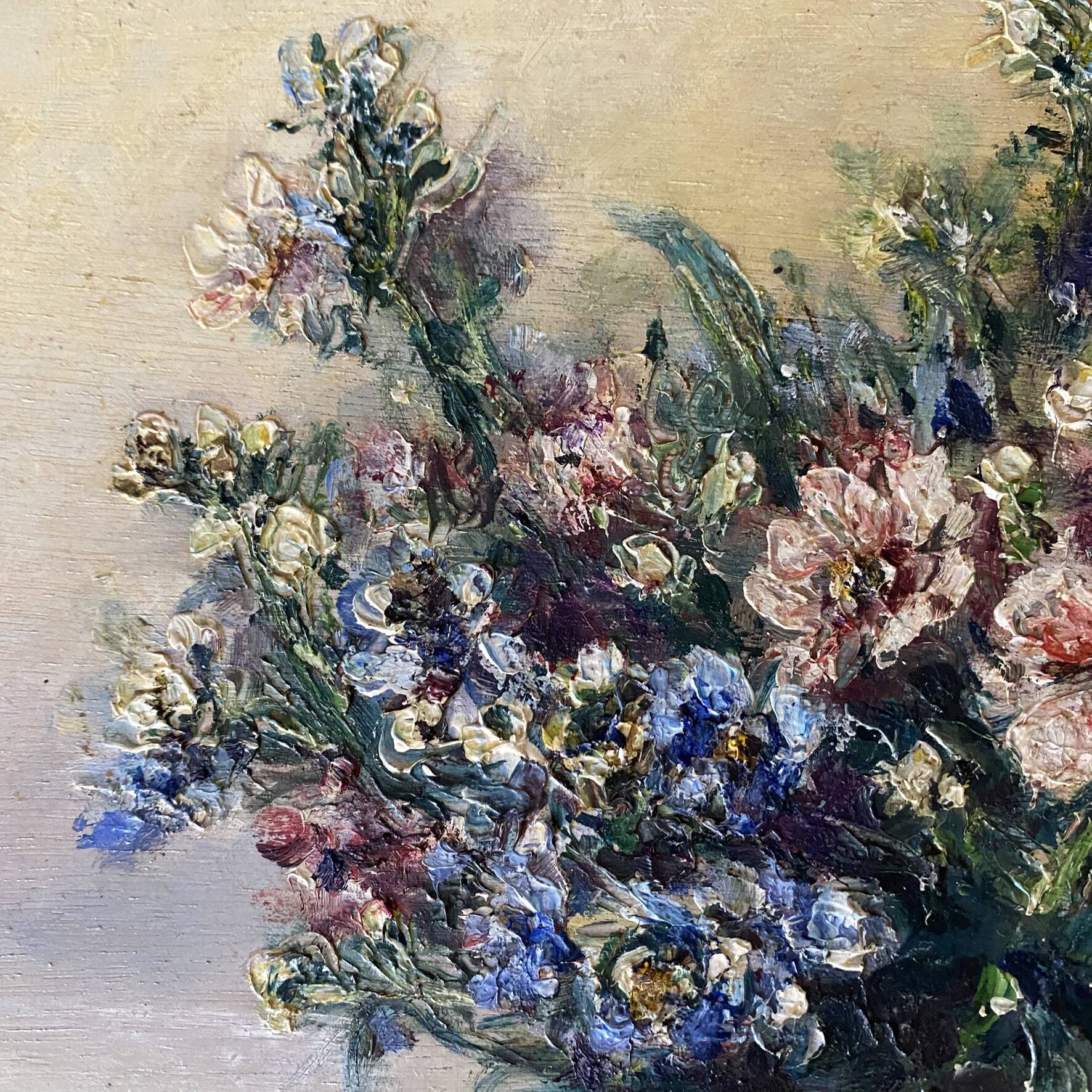 Old painting of a bouquet of flowers, oil on wood.