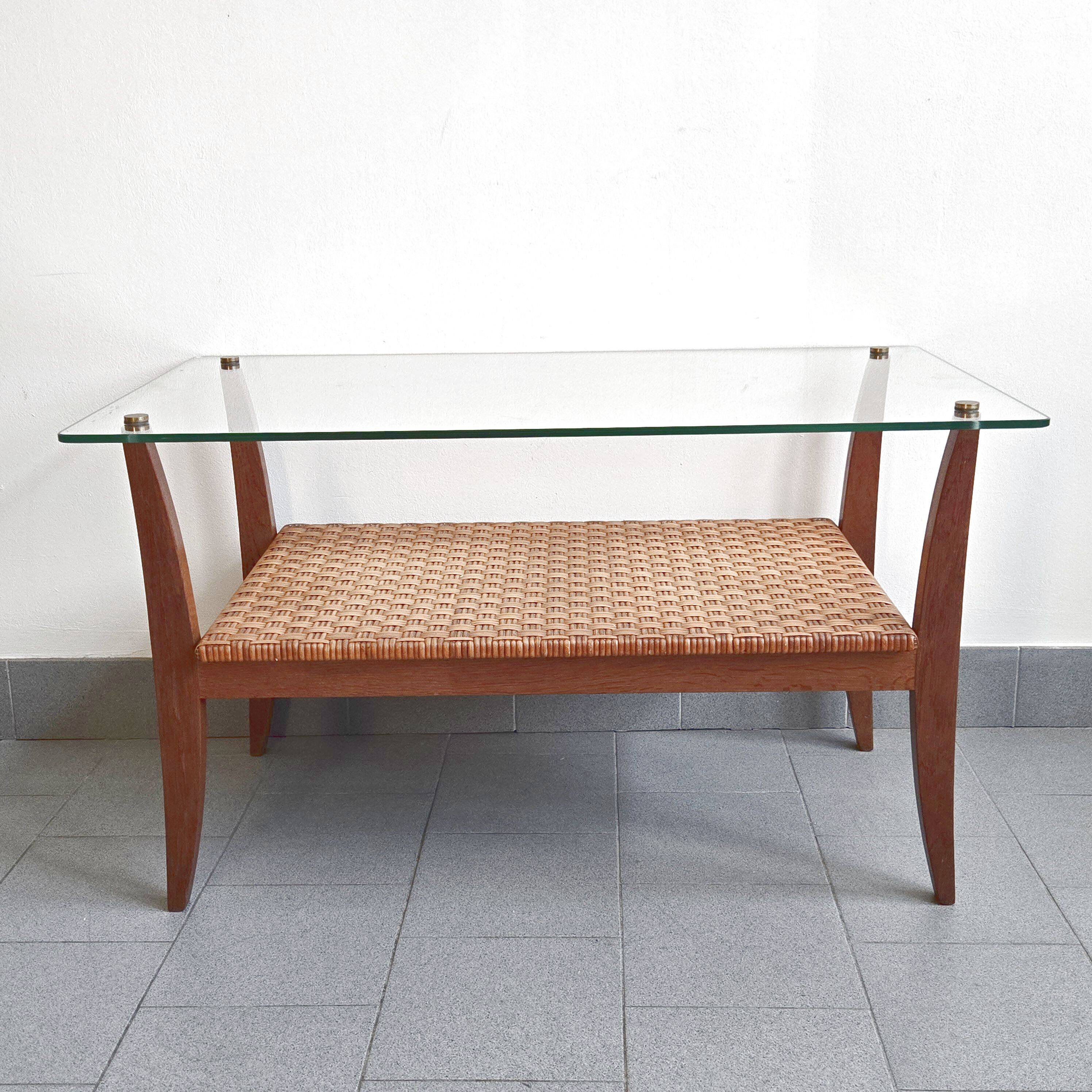 Table basse en rotin & hêtre 1960 vintage