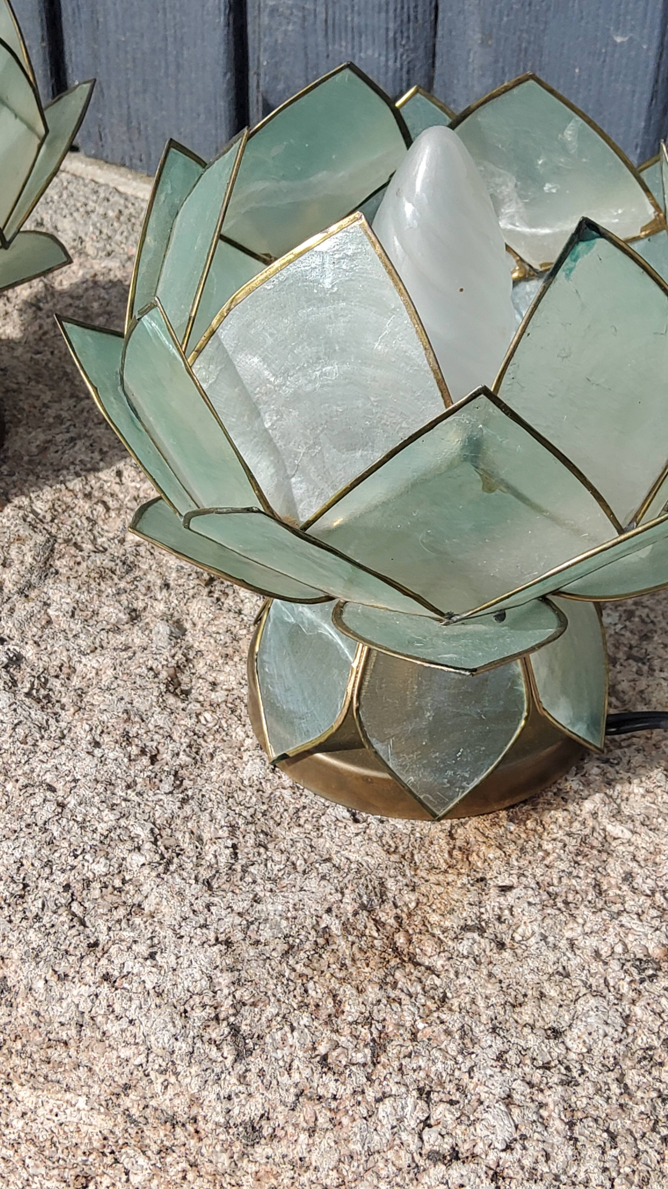 Pair of designer table lamps in turquoise blue green capiz mother-of-pearl from the 70s