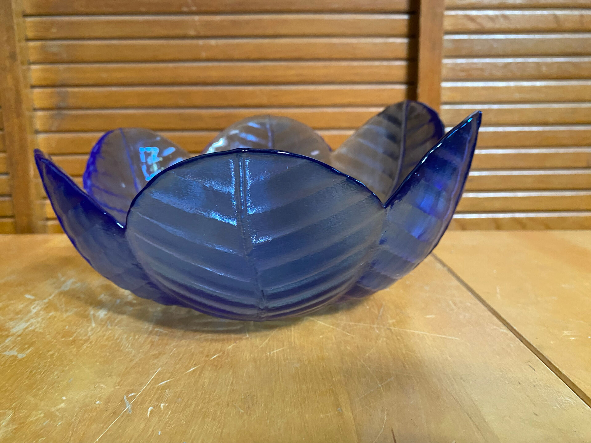 Set of 3 Cobalt Blue Moulded Glass Bowls in Flower Petal Shape Vintage