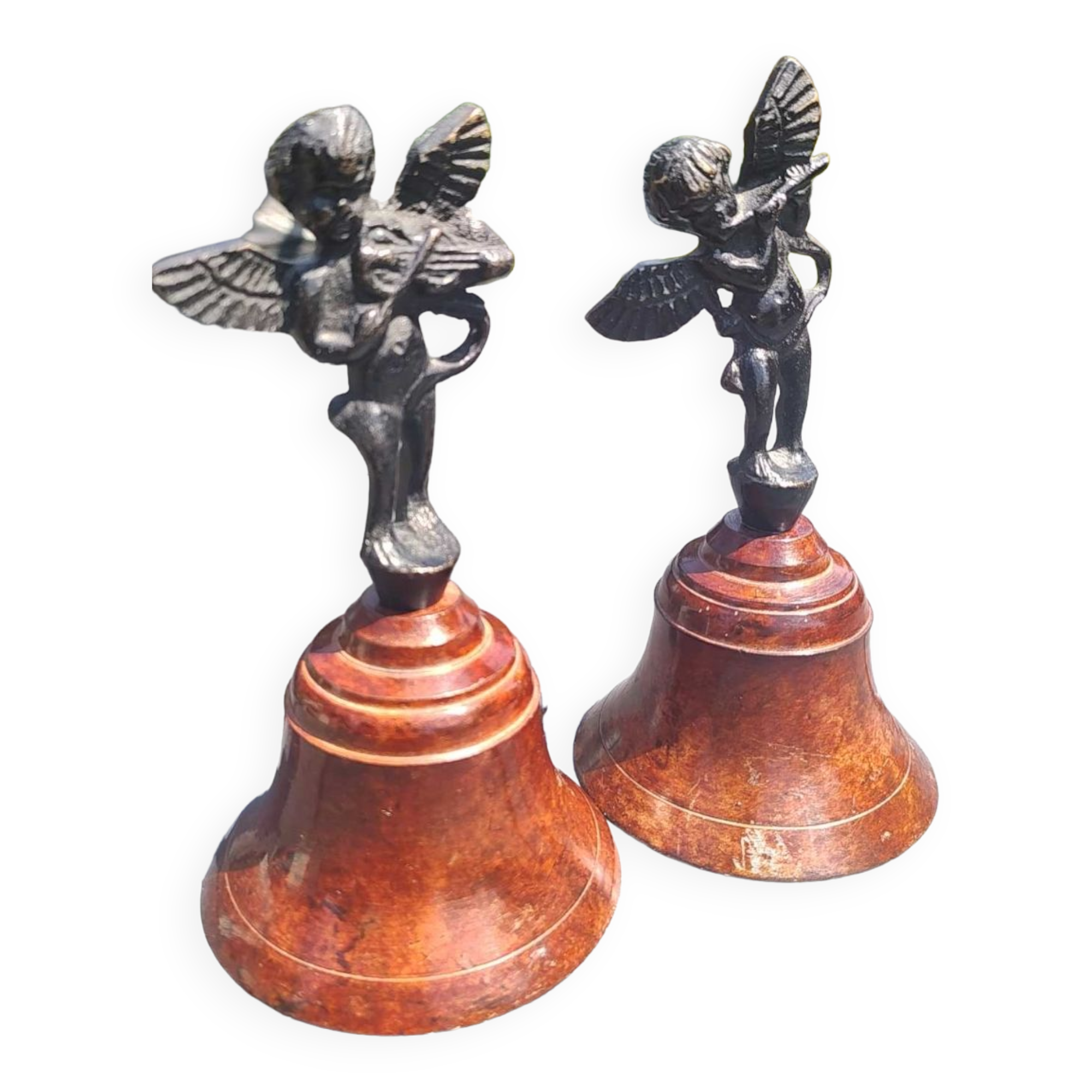 Pair of table bells musician angels in copper metal and bronze