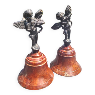 Pair of table bells musician angels in copper metal and bronze