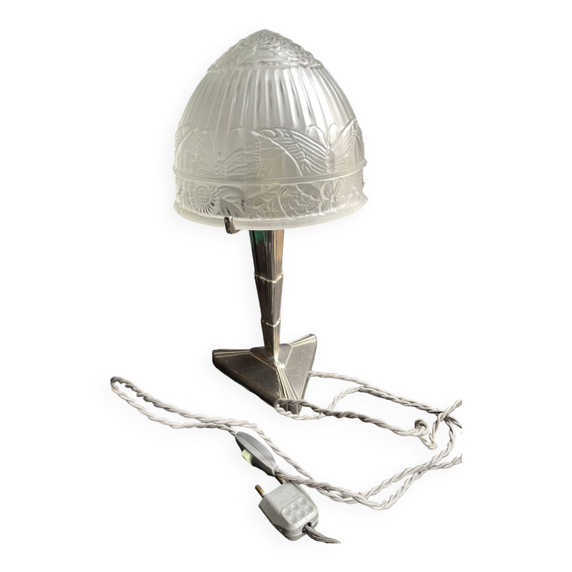Art Deco table lamp – Chromed metal and molded pressed glass – Attributed to Création Tief