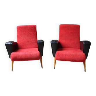 2 fauteuils vintage rouge et noir 1960