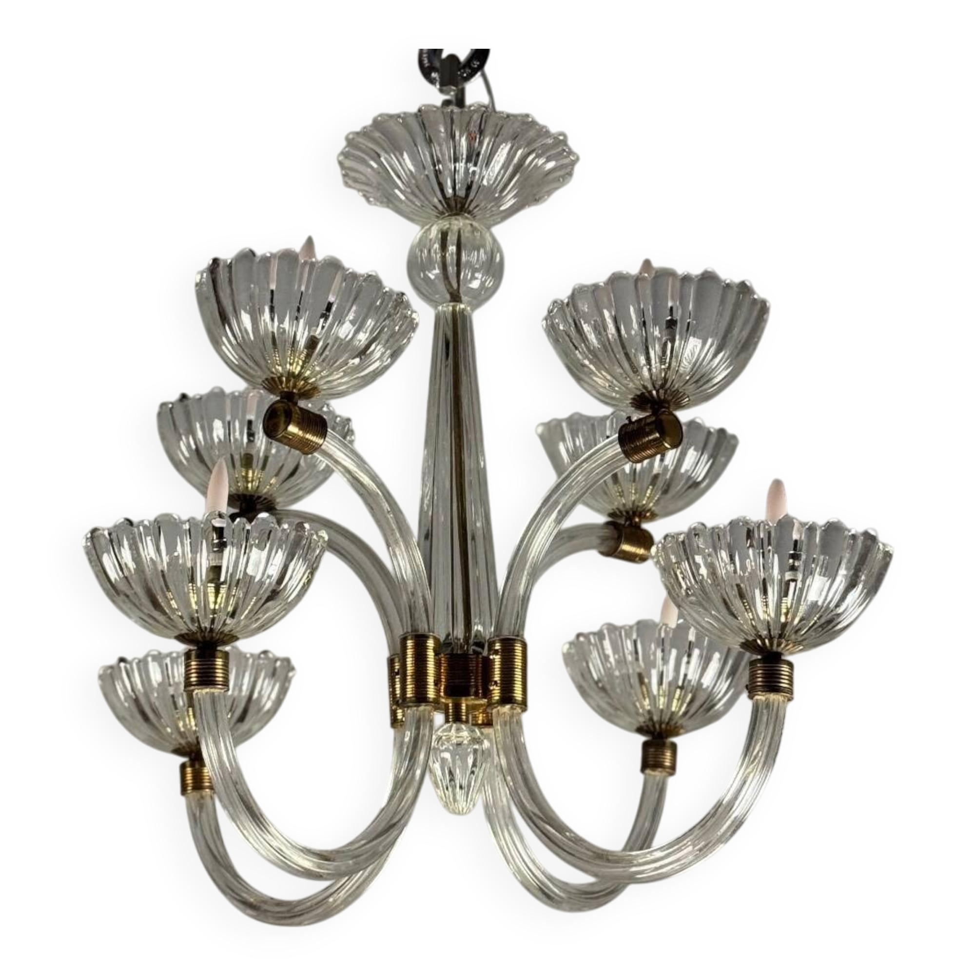 Venetian Chandelier in Colorless Murano Glass and Brass Circa 1950