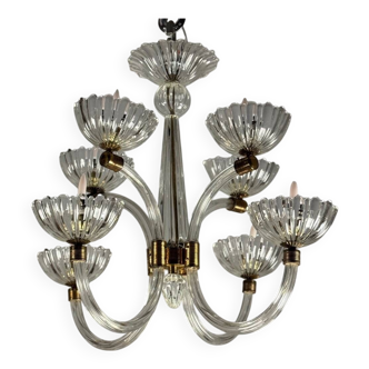 Venetian Chandelier in Colorless Murano Glass and Brass Circa 1950