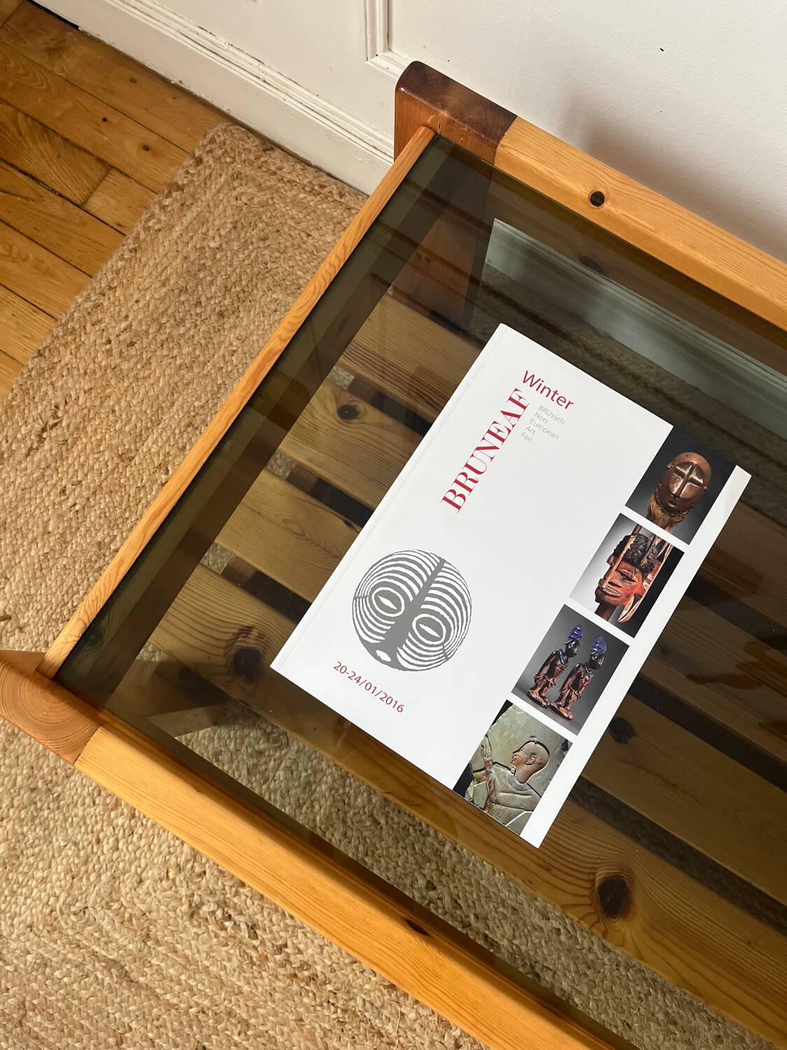 Pine and smoked glass coffee table, 70s-80s
