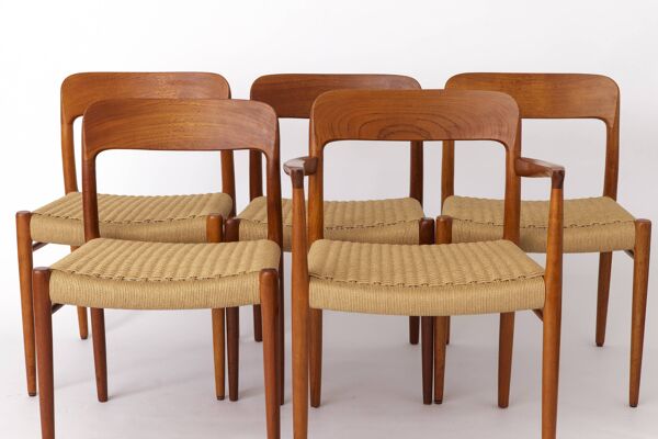 5 chaises Niels Moller, modèle 75, années 1950, teck vintage danois