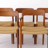 5 chaises Niels Moller, modèle 75, années 1950, teck vintage danois