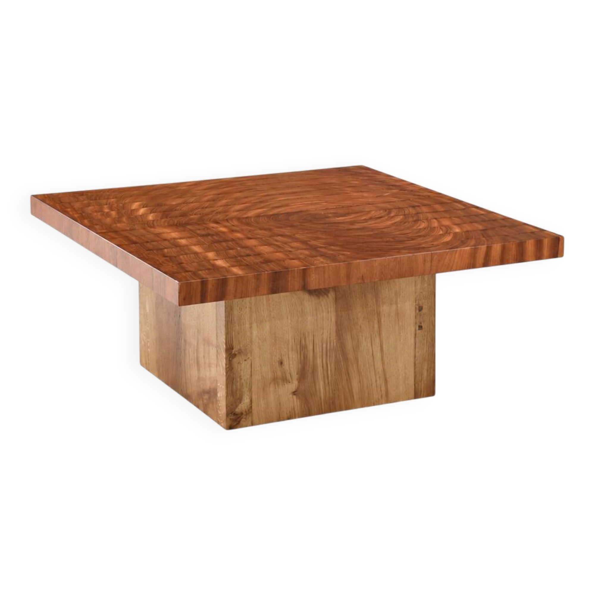 Exotic wood coffee table with an end grain wood top.