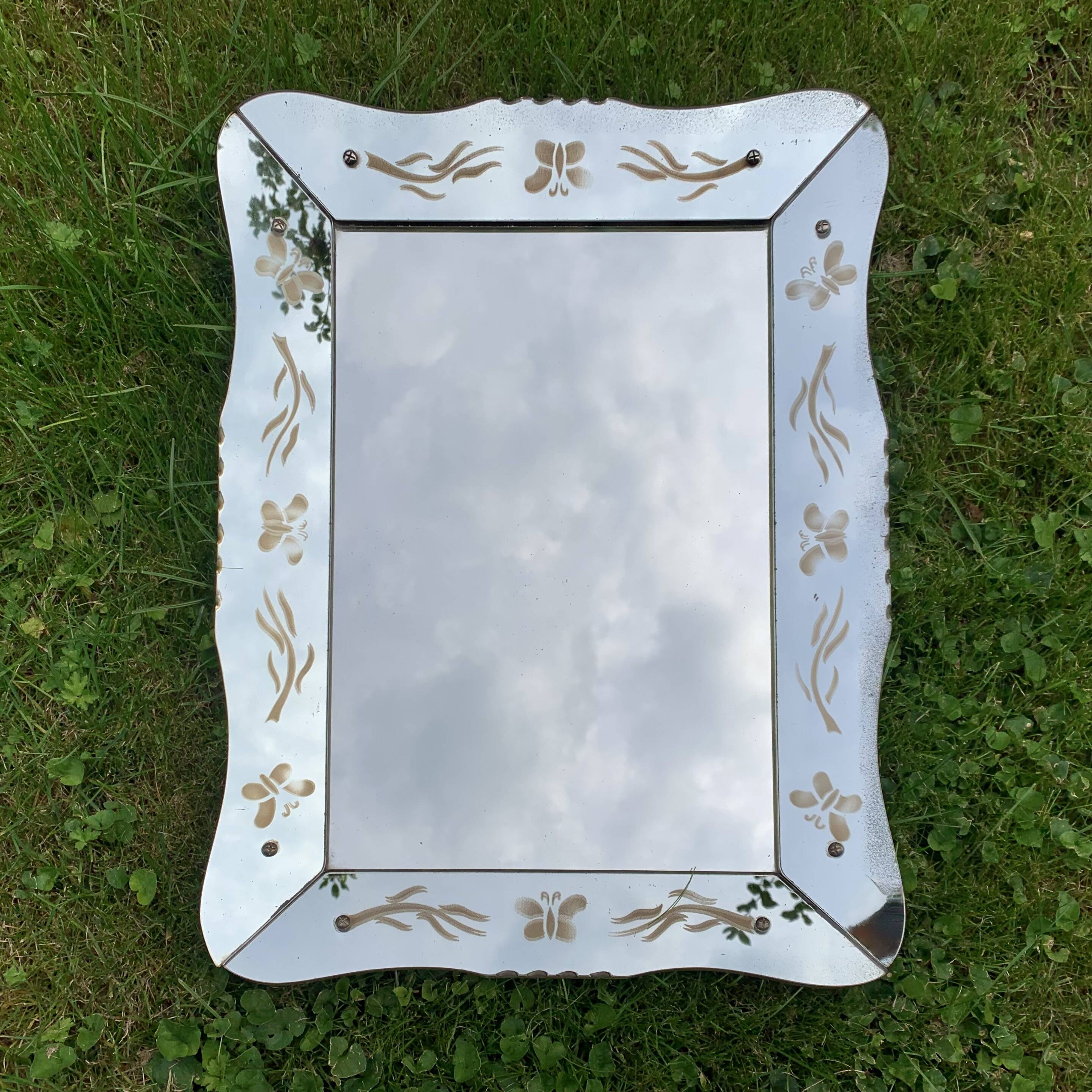 Beveled Venetian mirror - butterfly decor - Height: 61 cm