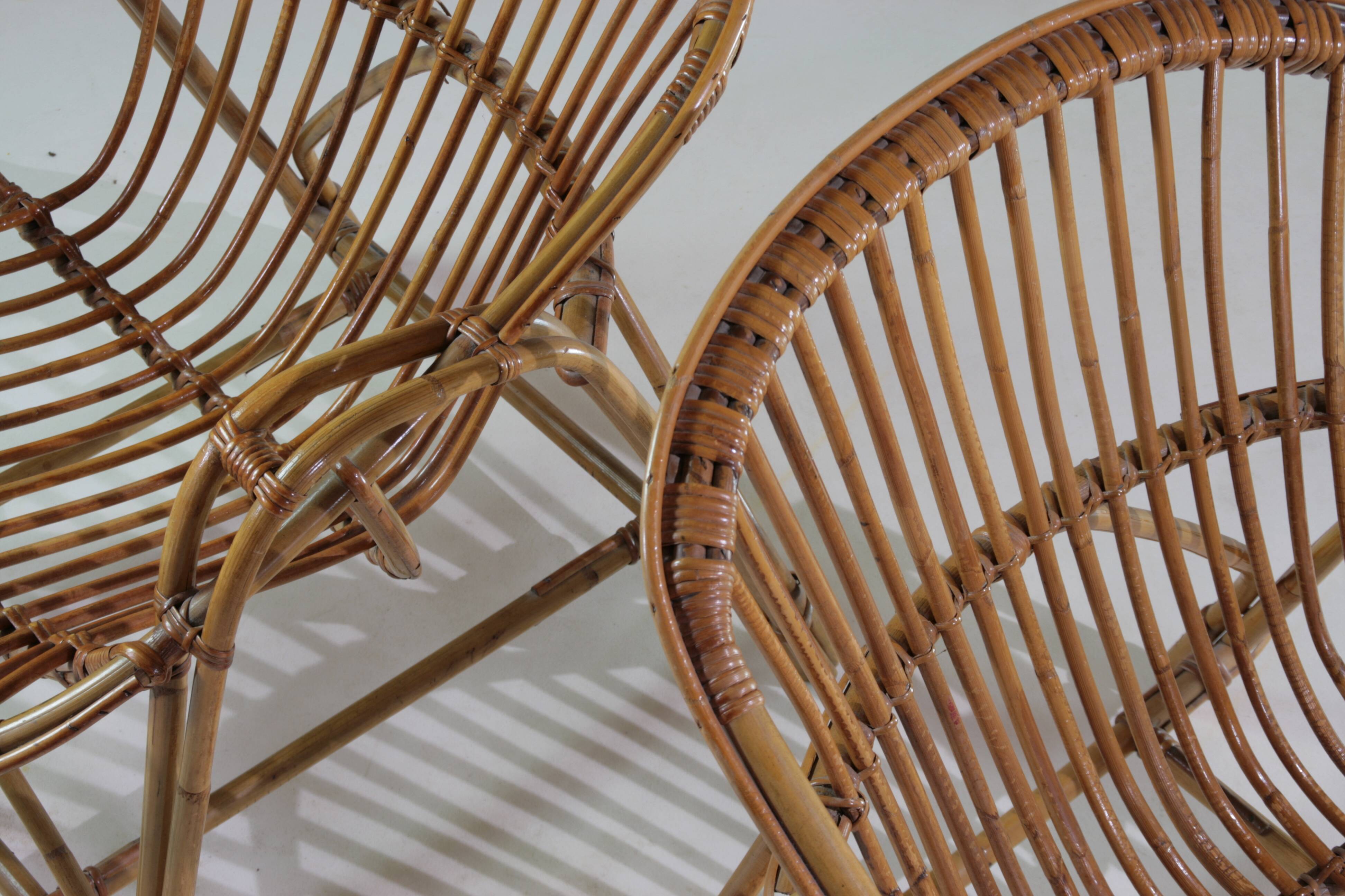 Pair of shell armchairs in rattan, France 1960