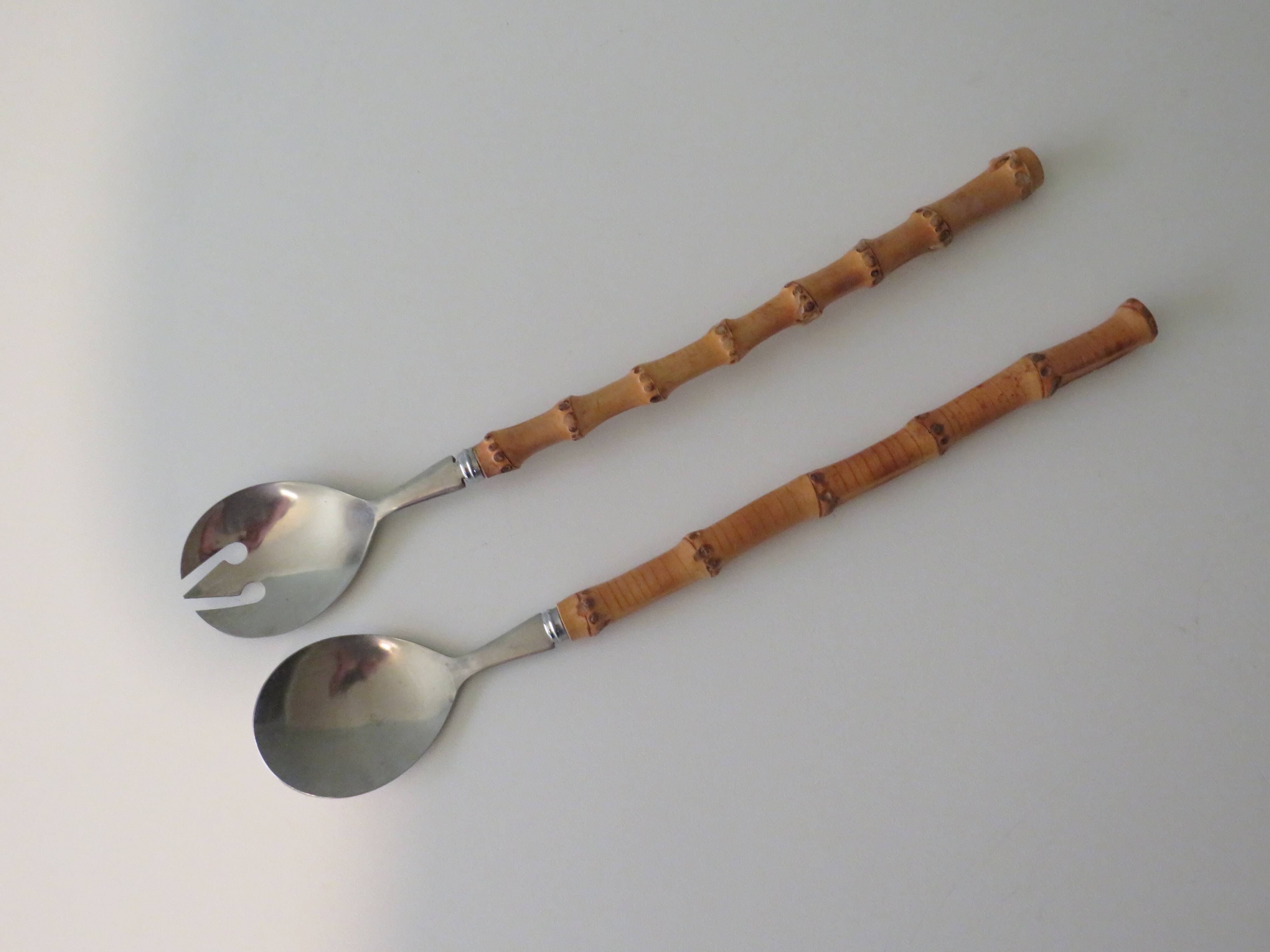 Bamboo and stainless steel salad cutlery, 1960 Japan