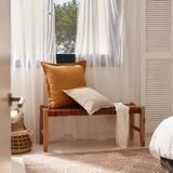 Wooden and woven leather bench, 80 cm