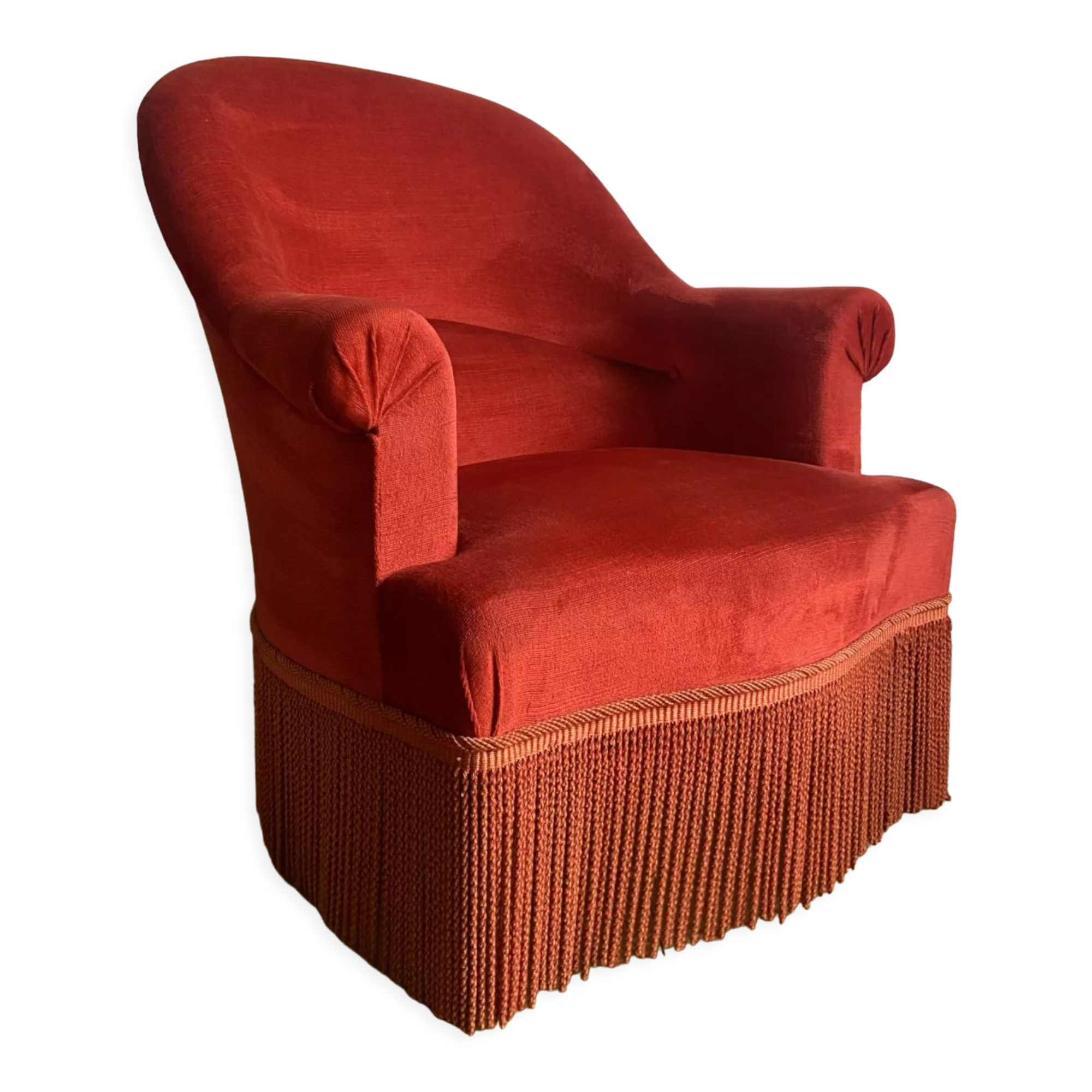 Vintage toad armchair with brick red velvet fringes
