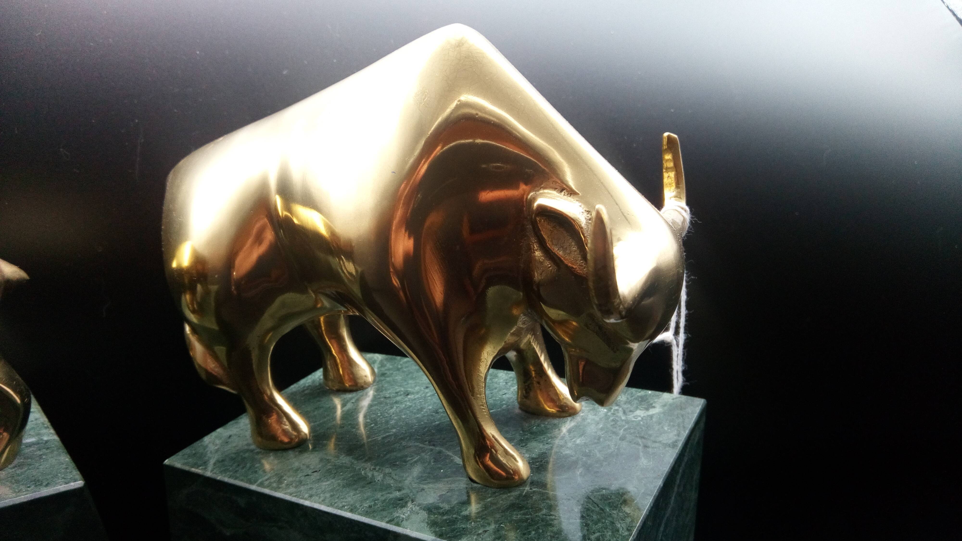 Pair of greenhouse book in bronze and marble "bear and bull"