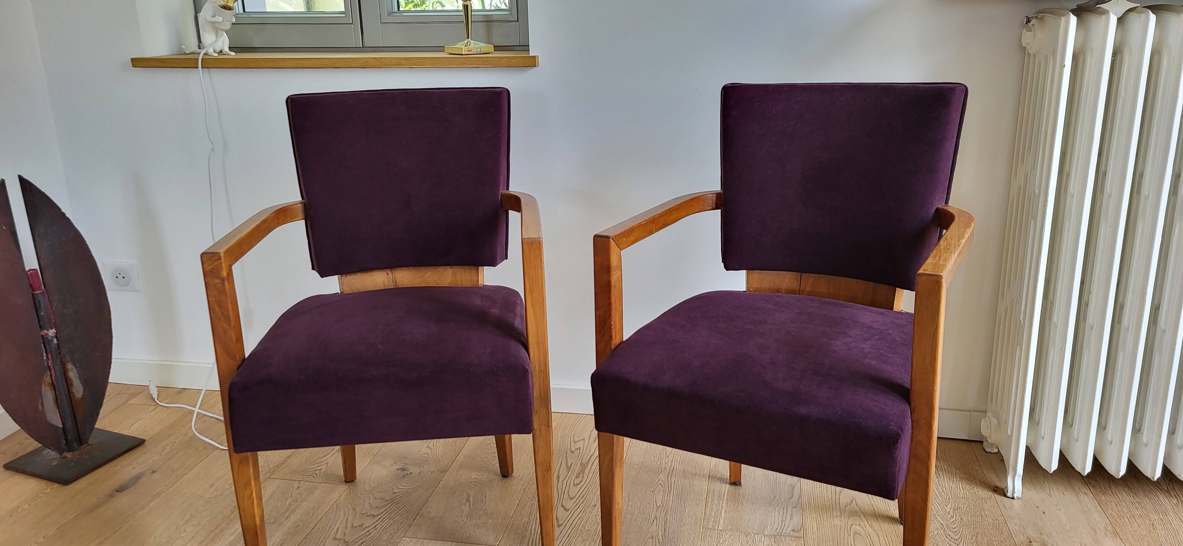Paire de fauteuils Bridge, velours aubergine