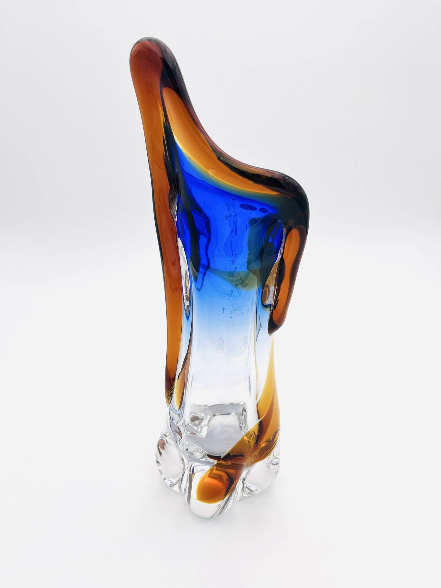 Large stretched glass sculpture vase from Bohemia – Cobalt blue, Amber