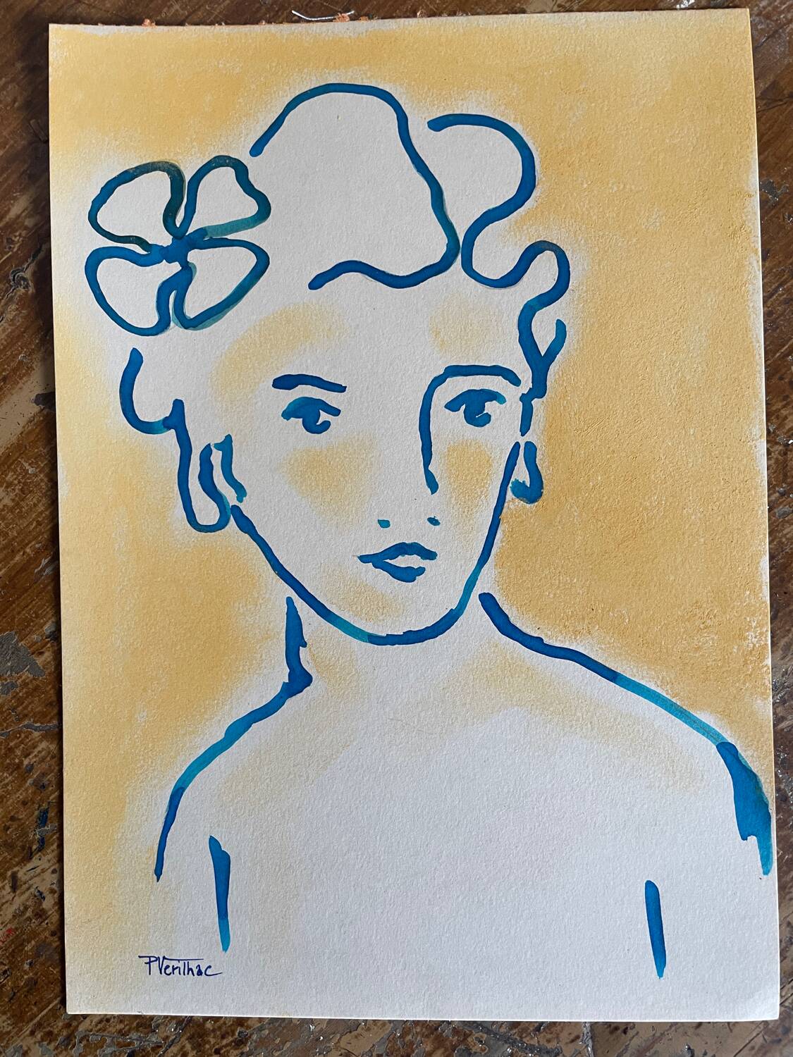 Signed painting in Chinese ink and pastel, “art deco” female portrait