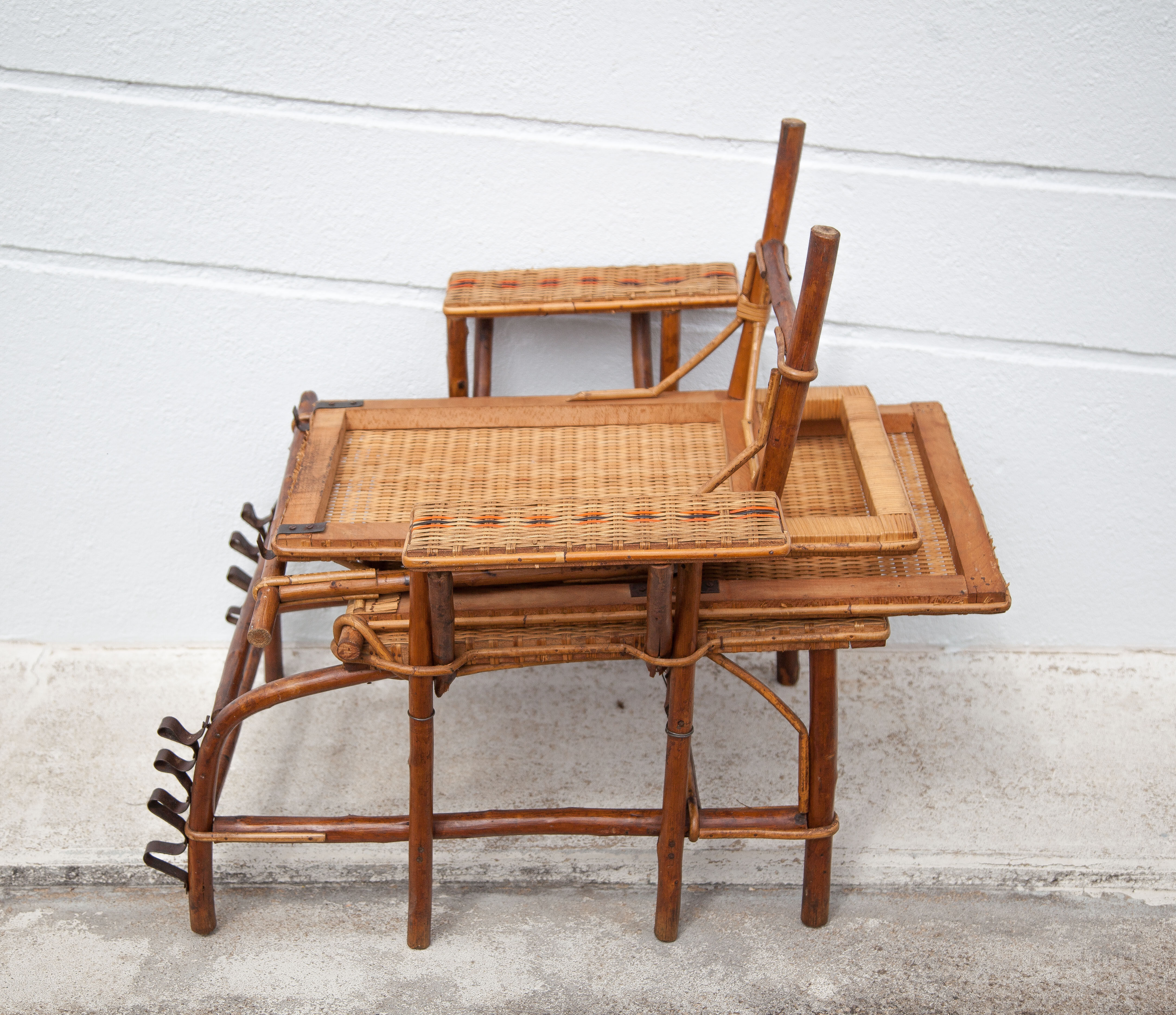 Antique rattan chaise longue, Chilean, rattan deckchair, folding backrest, removable footrest