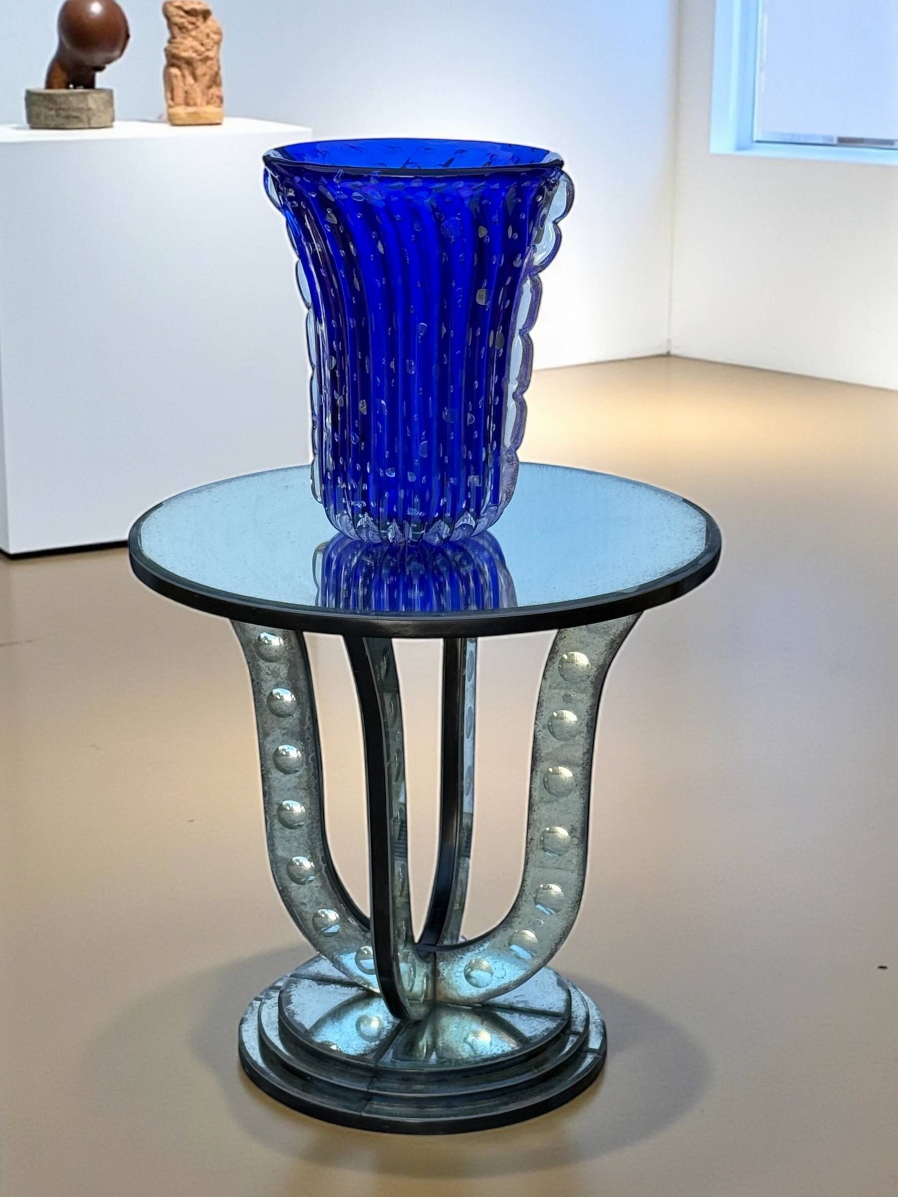 Table / pedestal table in aged glass with bubble decor from the 70s