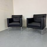 2 fauteuils de salon modernistes allemands en cuir noir et acier de Walter Knoll