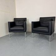 2 fauteuils de salon modernistes allemands en cuir noir et acier de Walter Knoll