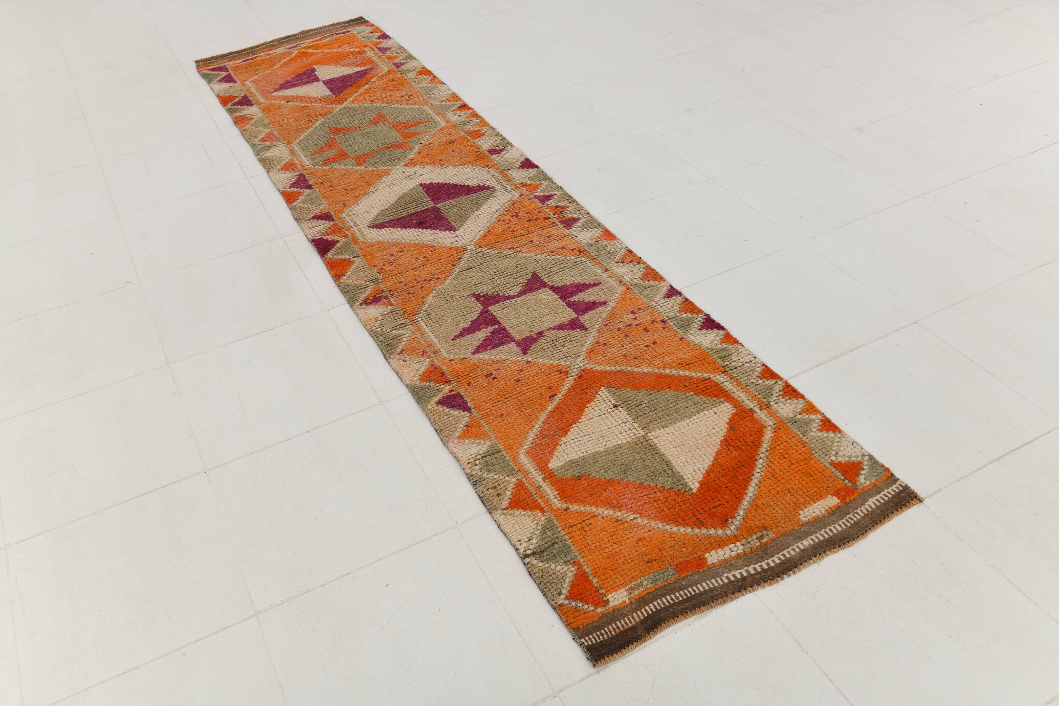 Soft Orange Vintage Wool Runner Rug For Kitchen, 74x307 Cm