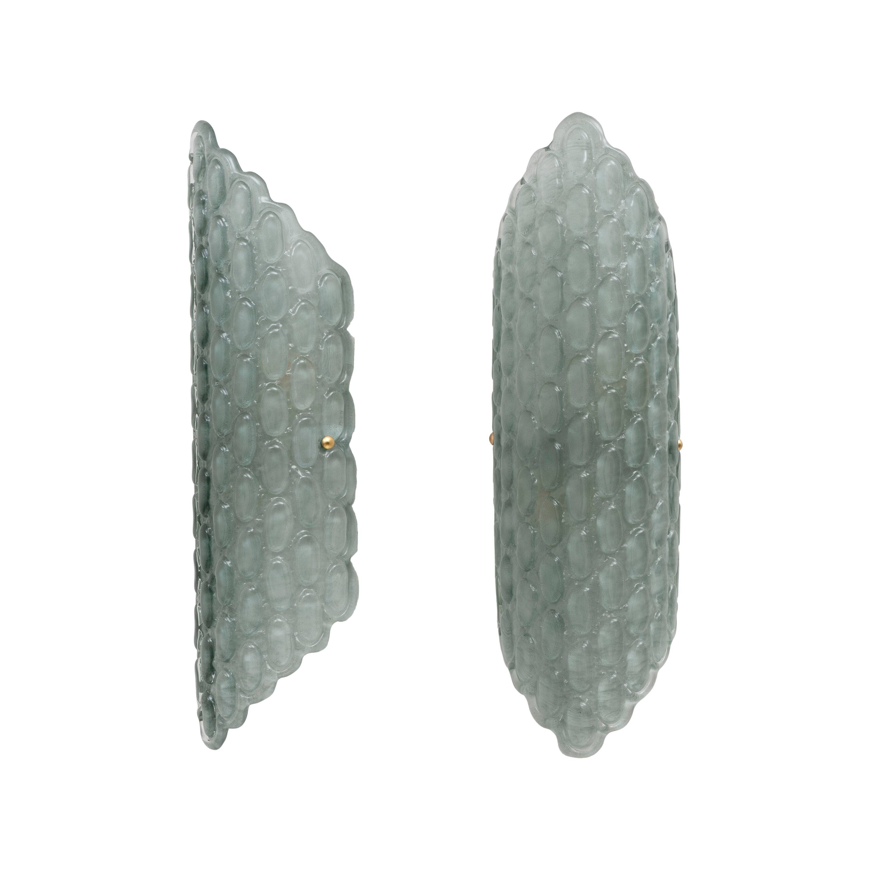 Pair of Aqua Green Murano Glass Wall Sconces with Textured Relief