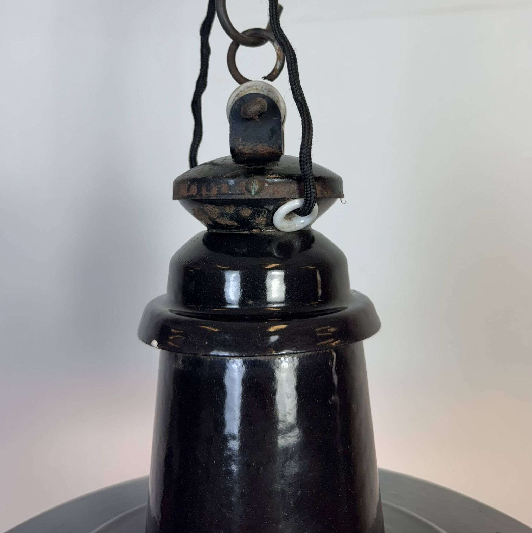 Industrial German Black Enamel Pendant Lamp with Glass Cover, 1930s