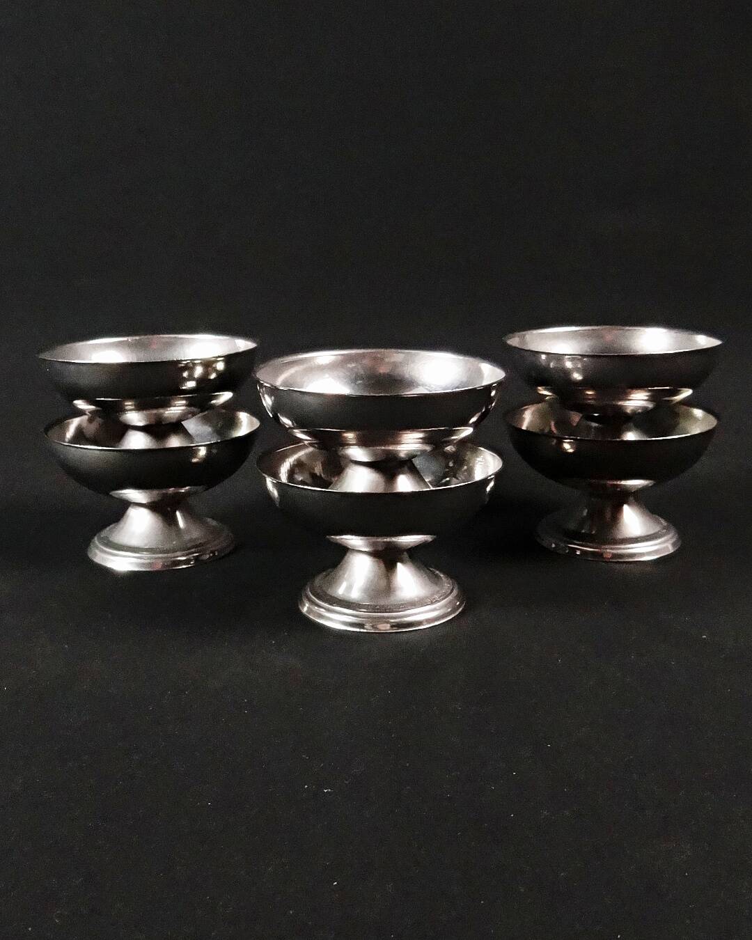 6 stainless steel ice cream cups on a stand, vintage dessert service