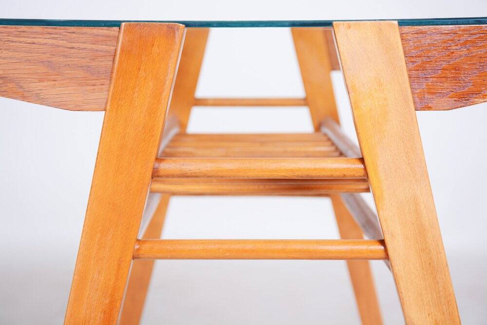 Mid-Century Console Table in Oak, Glass, Czech, 1950s