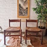 Chaises de salle à manger rustiques en teck et jonc de style français du milieu du siècle (x6)