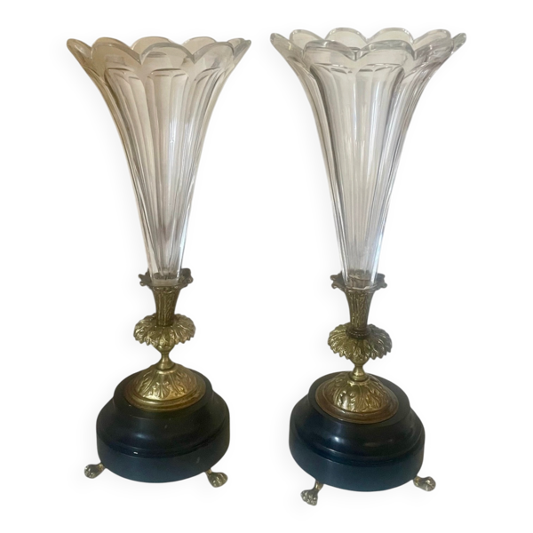 Paire de vases cornets cristal, onyx et bronze