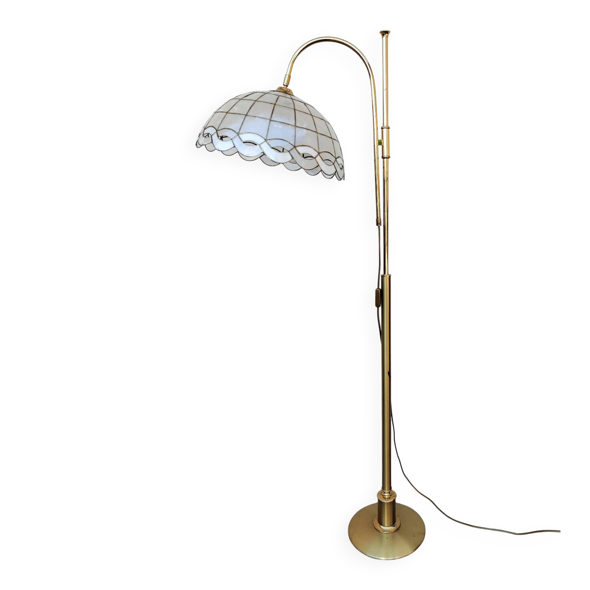 Mid Century Modern brass floor lamp with Capiz shell shade 1970s