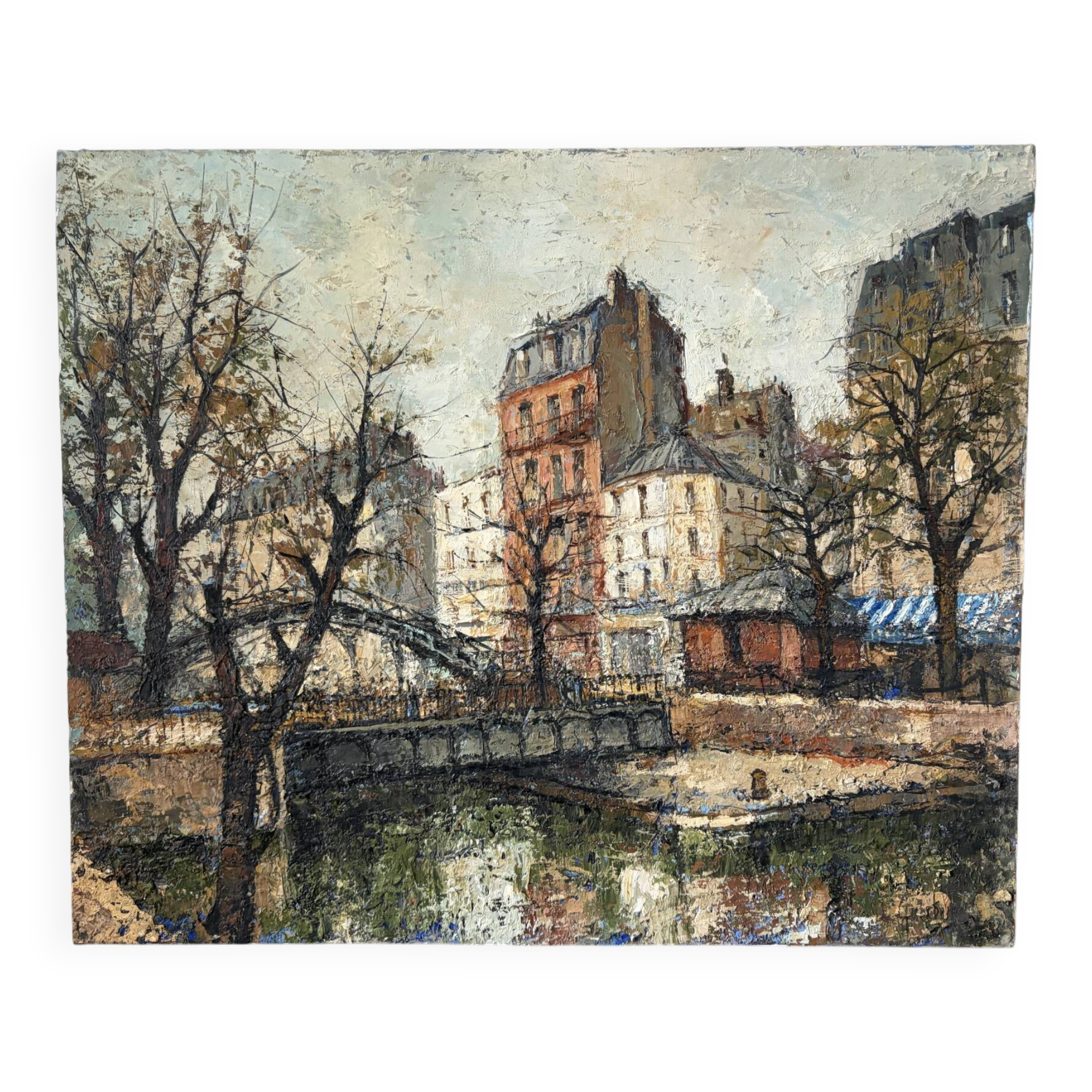 Saint Martin Canal in Paris, knife oil painting signed L Guerbier.