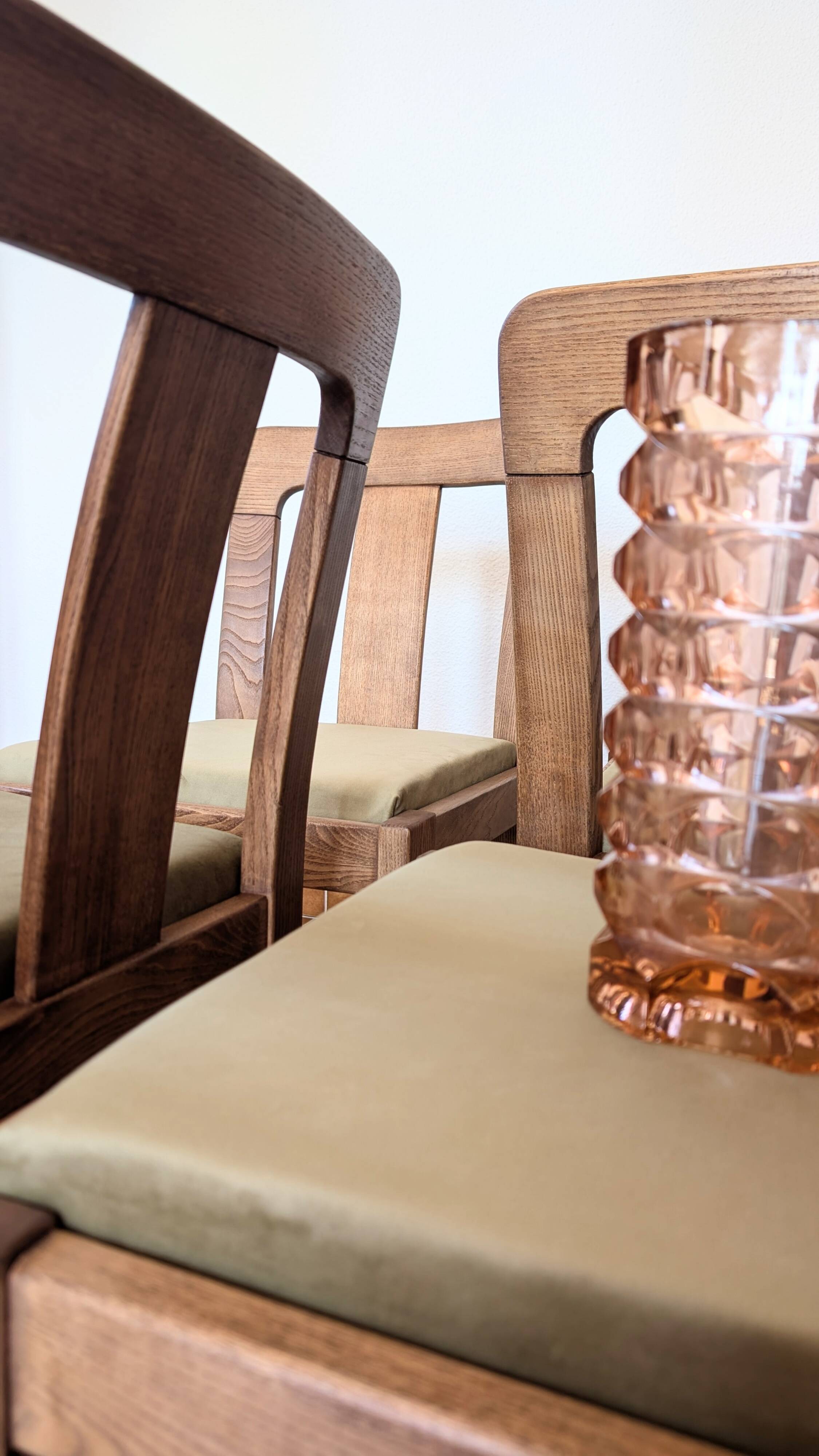 Vintage mahogany chairs – sage green velvet – German design