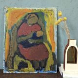 Peinture à l’huile figurative vintage non encadrée moderne du milieu du siècle « Affection »