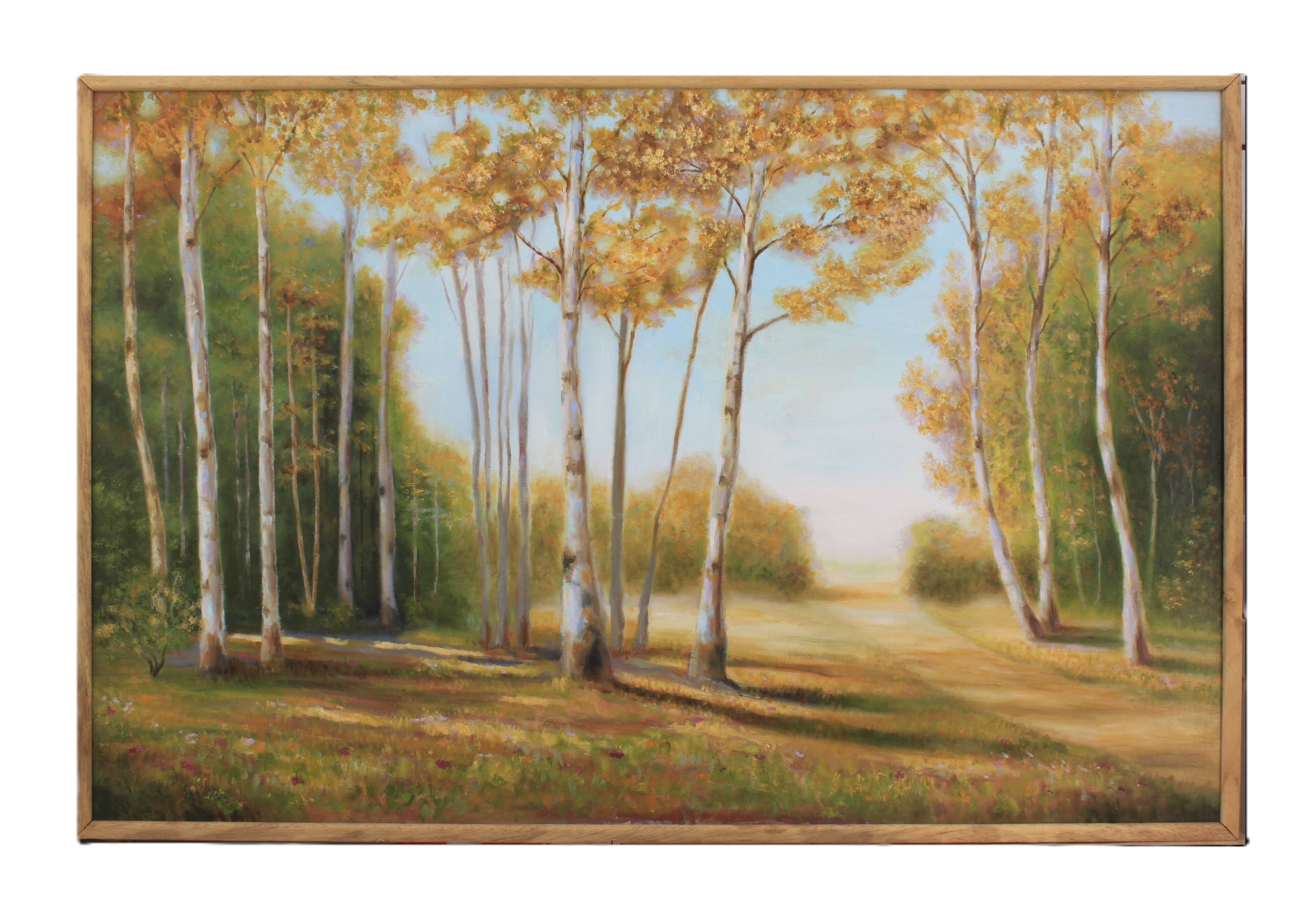 Cuadro con paisaje de álamos pintado al oleo sobre lienzo. Oil painting