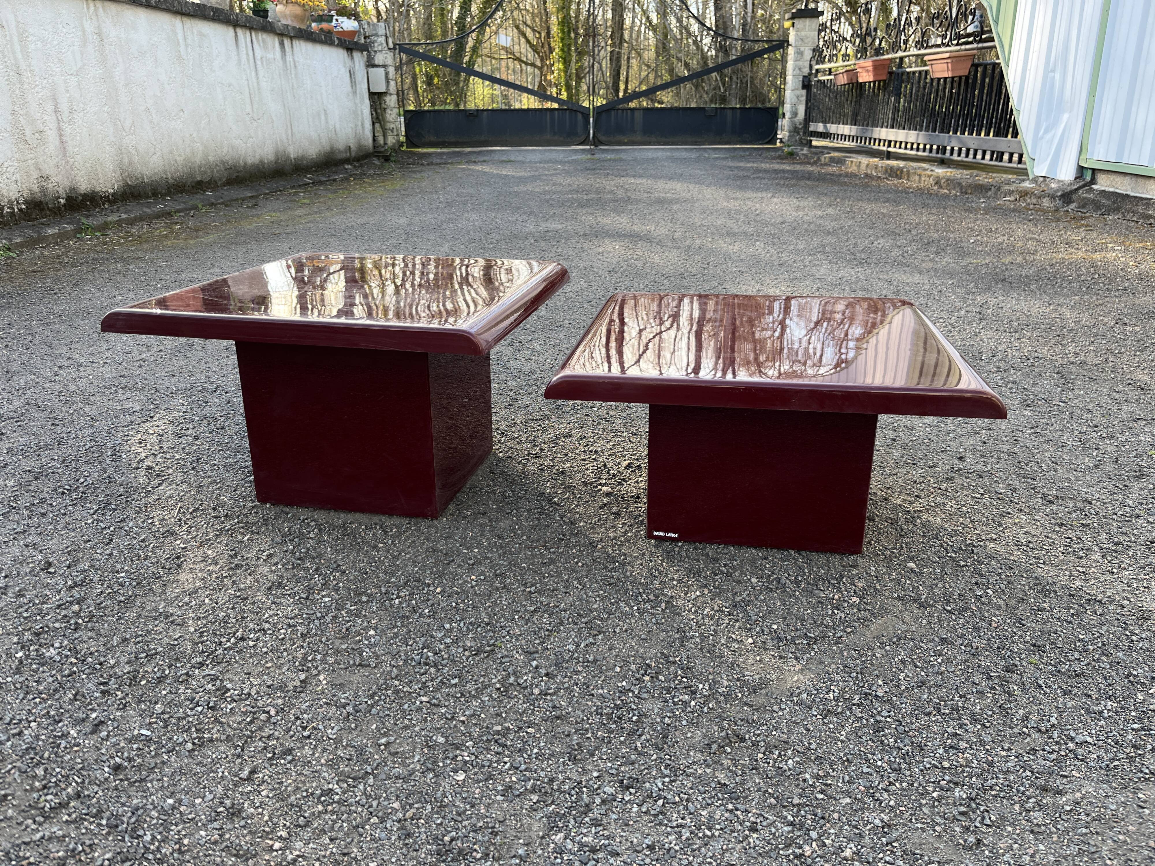 Pair of vintage coffee tables in burgundy lacquer by David Lange