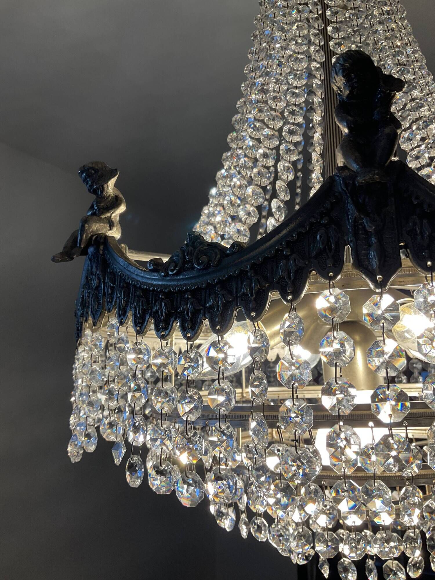 Old hot air balloon chandelier with crystal and bronze tassels