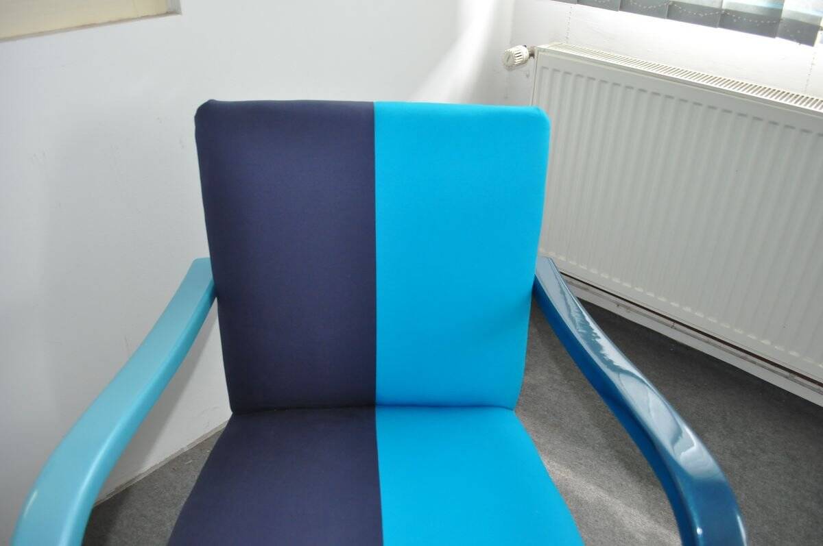Azure blue Art Deco armchair in wood and cotton, 1920s, fully restored.