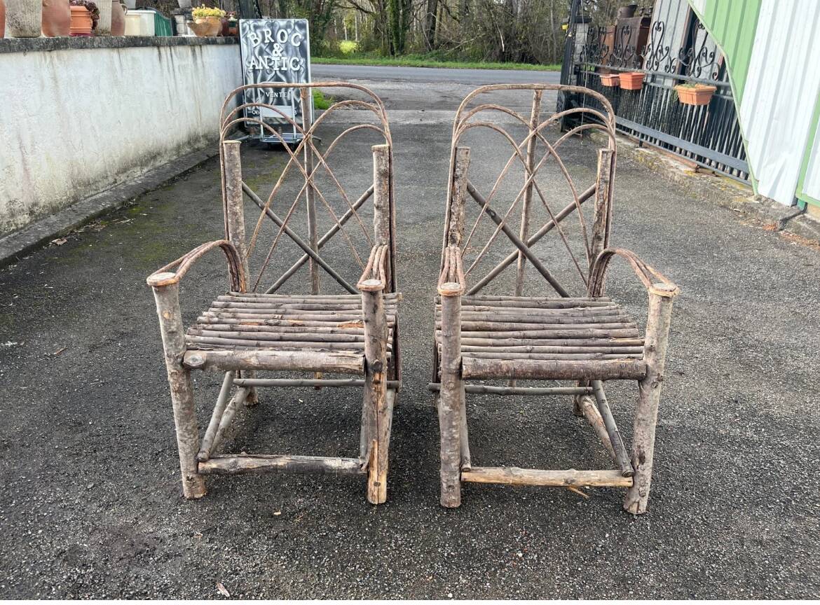 Pair of rustic natural wood armchairs