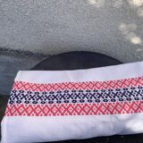 Rectangular tablecloth, Basque linen, original, pink and indigo blue frieze pattern on white cotton